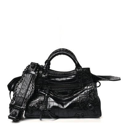 Balenciaga Semi Shiny Calfskin Crocodile Embossed Monochrome Neo Cagole Handbag XS Black 1 of 10