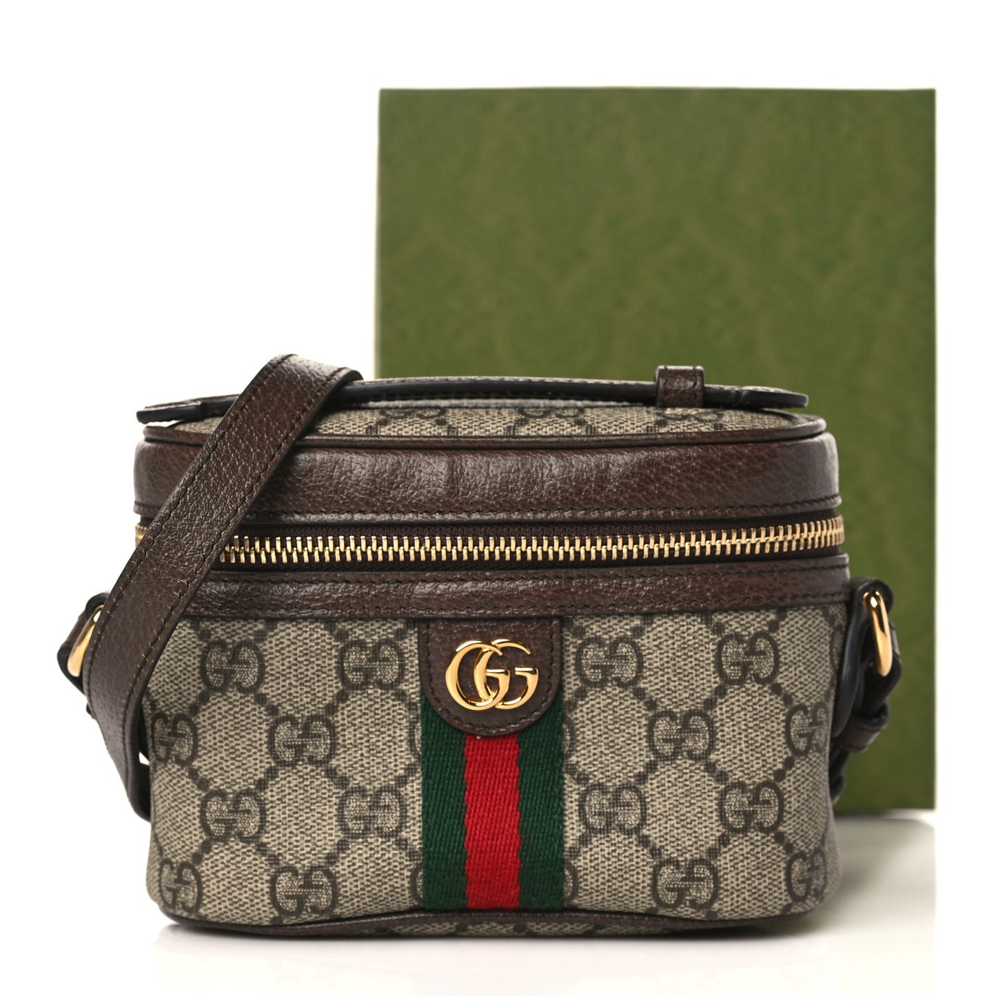 GG Supreme Monogram Textured Calfskin Web Mini Ophidia Top Handle Bag Beige Ebony New Acero