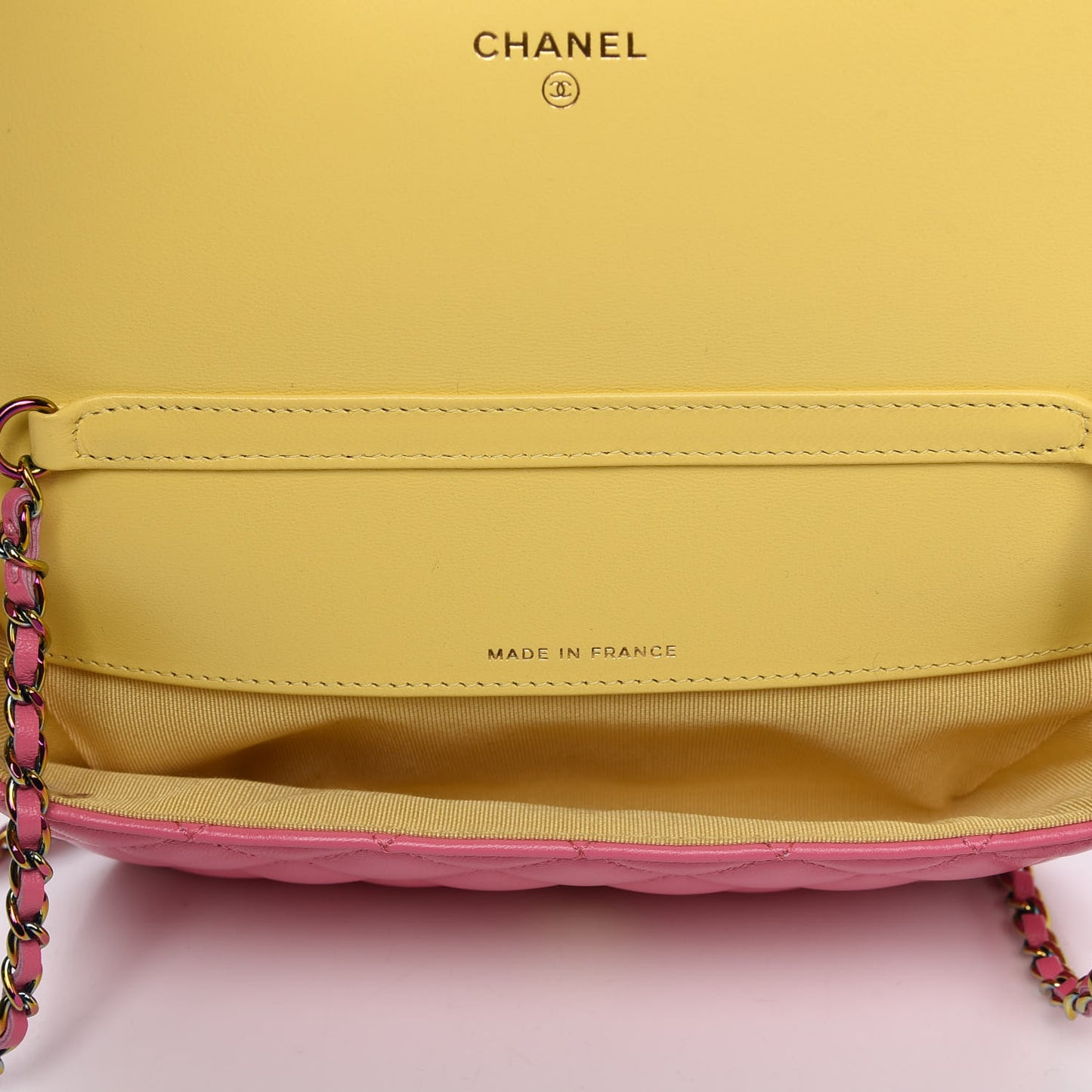 Lambskin Quilted Glasses Case With Chain Pink Yellow