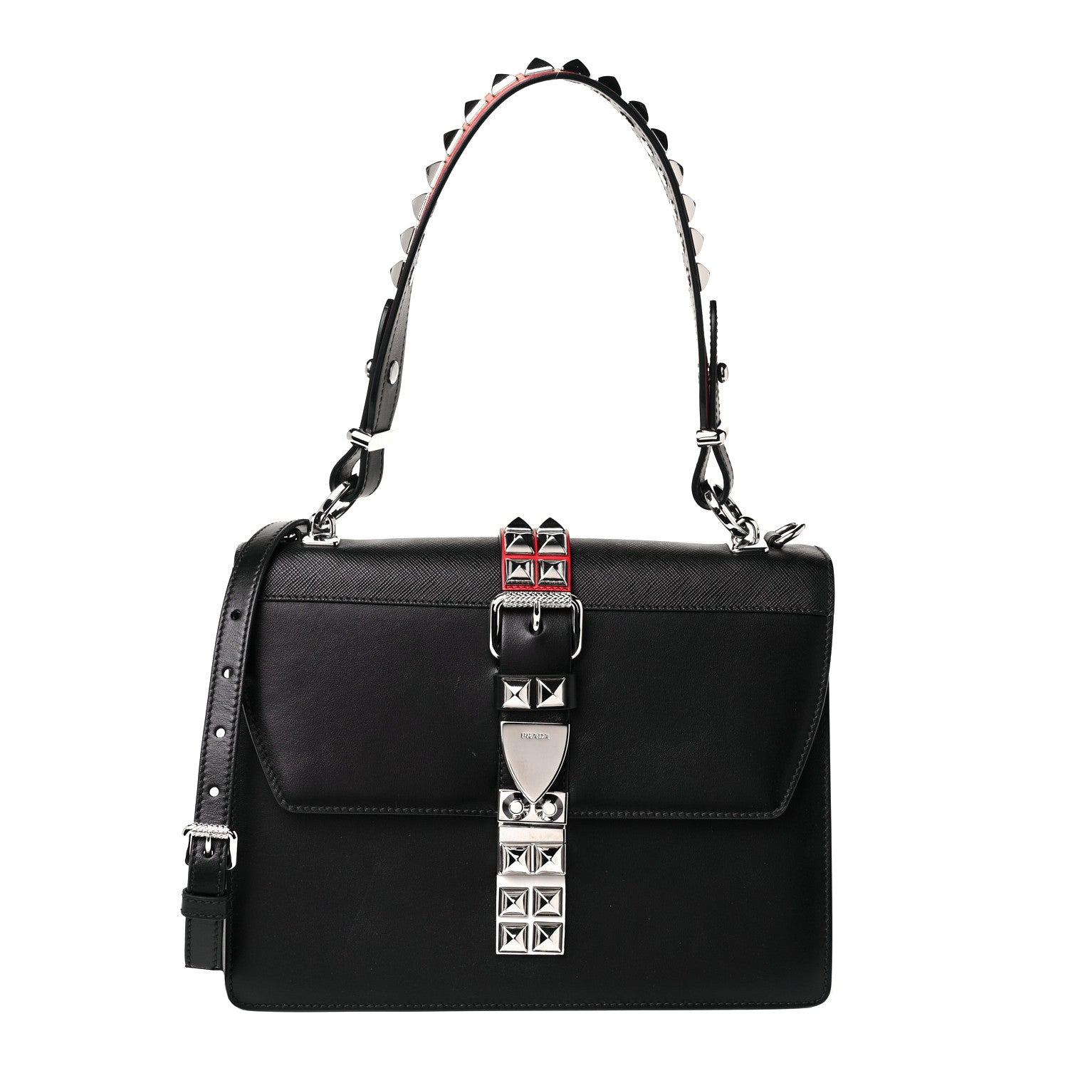 Prada Saffiano City Calfskin Studded Elektra Shoulder Bag Black Fuoco 1 of 12