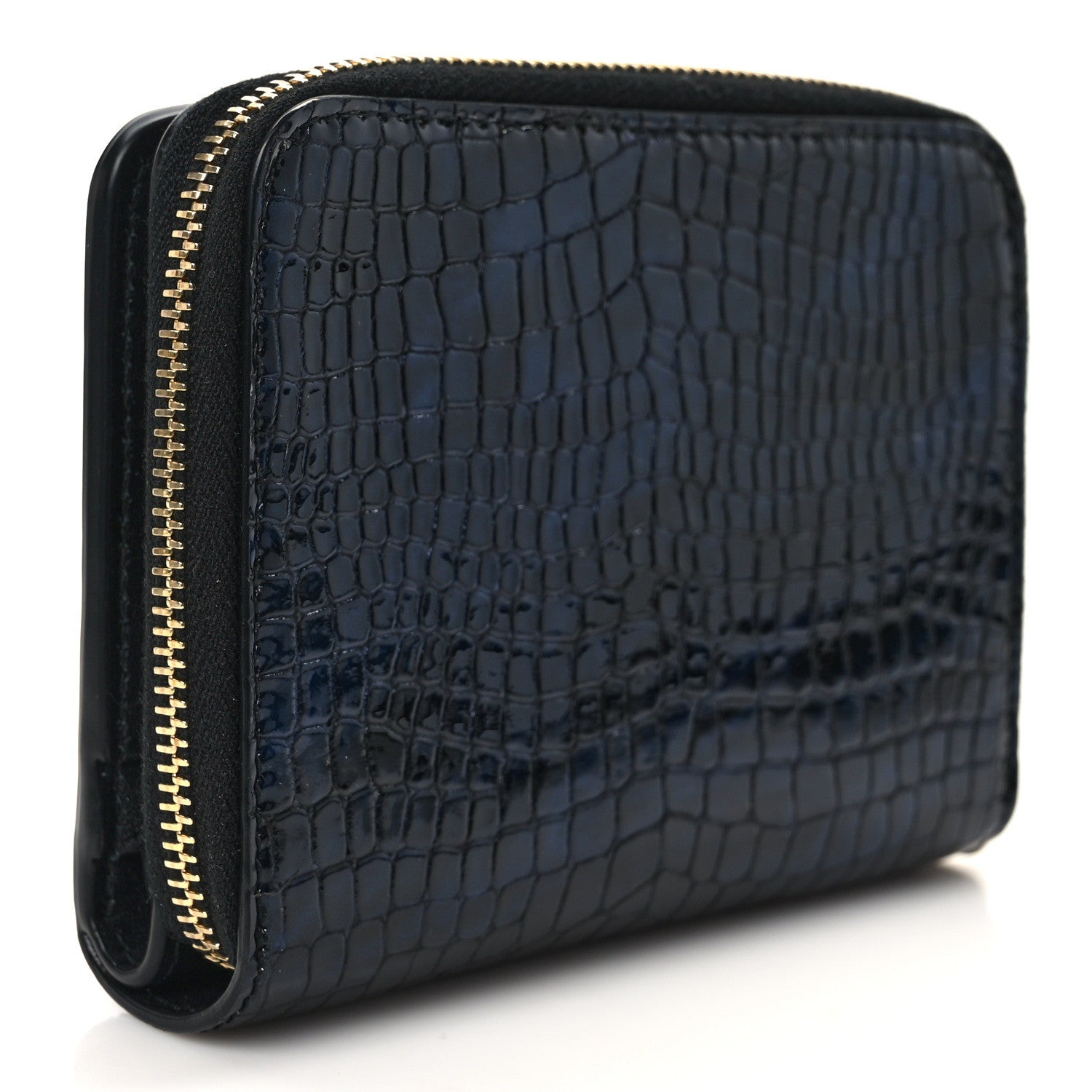 Saint Laurent Calfskin Crocodile Embossed Monogram Compact Wallet Blue Black 3 of 10