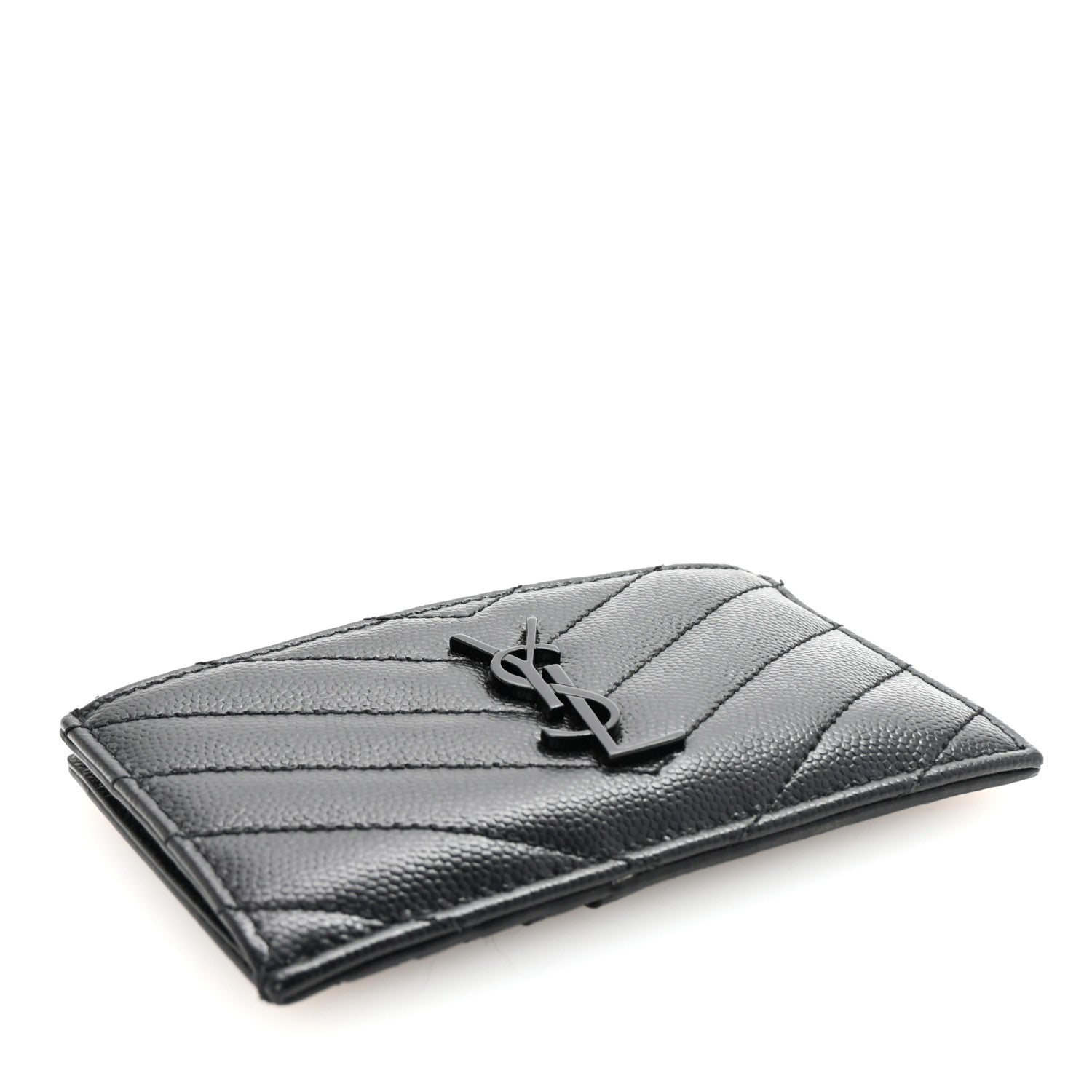 Saint Laurent Grain De Poudre Matelasse Chevron Monochrome Fragments Zippered Card Case Black 4 of 7