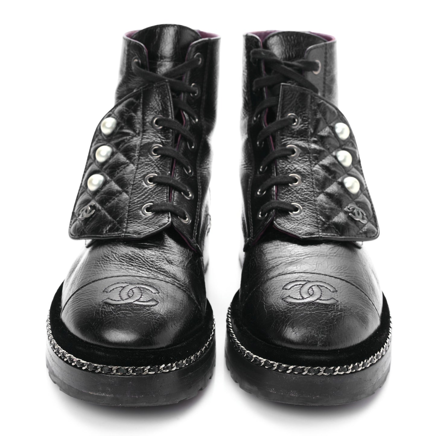 Crackled Calfskin Velvet Pearl Combat Short Boots 38.5 Black