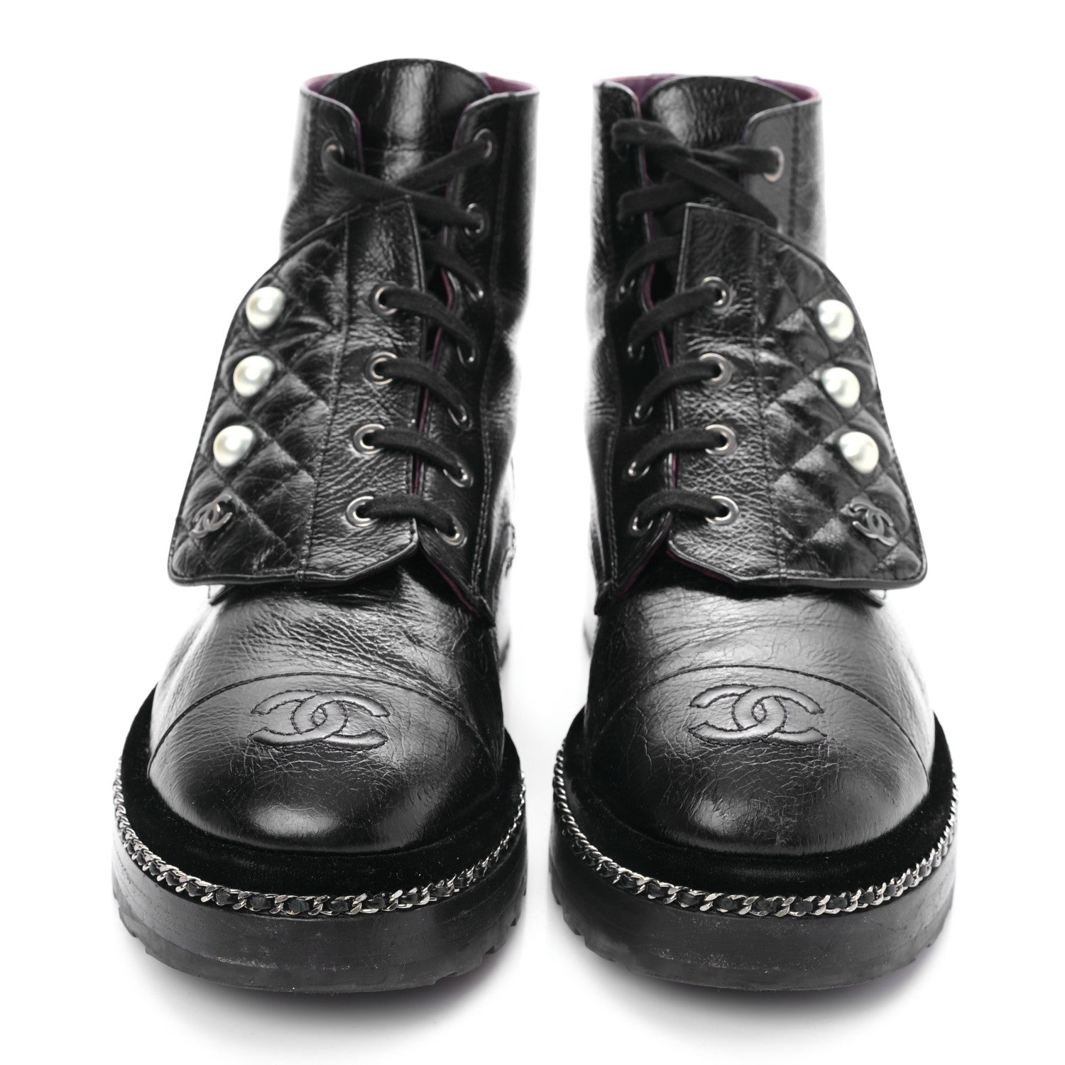 Chanel Crackled Calfskin Velvet Pearl Combat Short Boots 38.5 Black 2 of 9