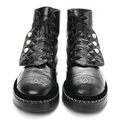 Chanel Crackled Calfskin Velvet Pearl Combat Short Boots 38.5 Black 2 of 9