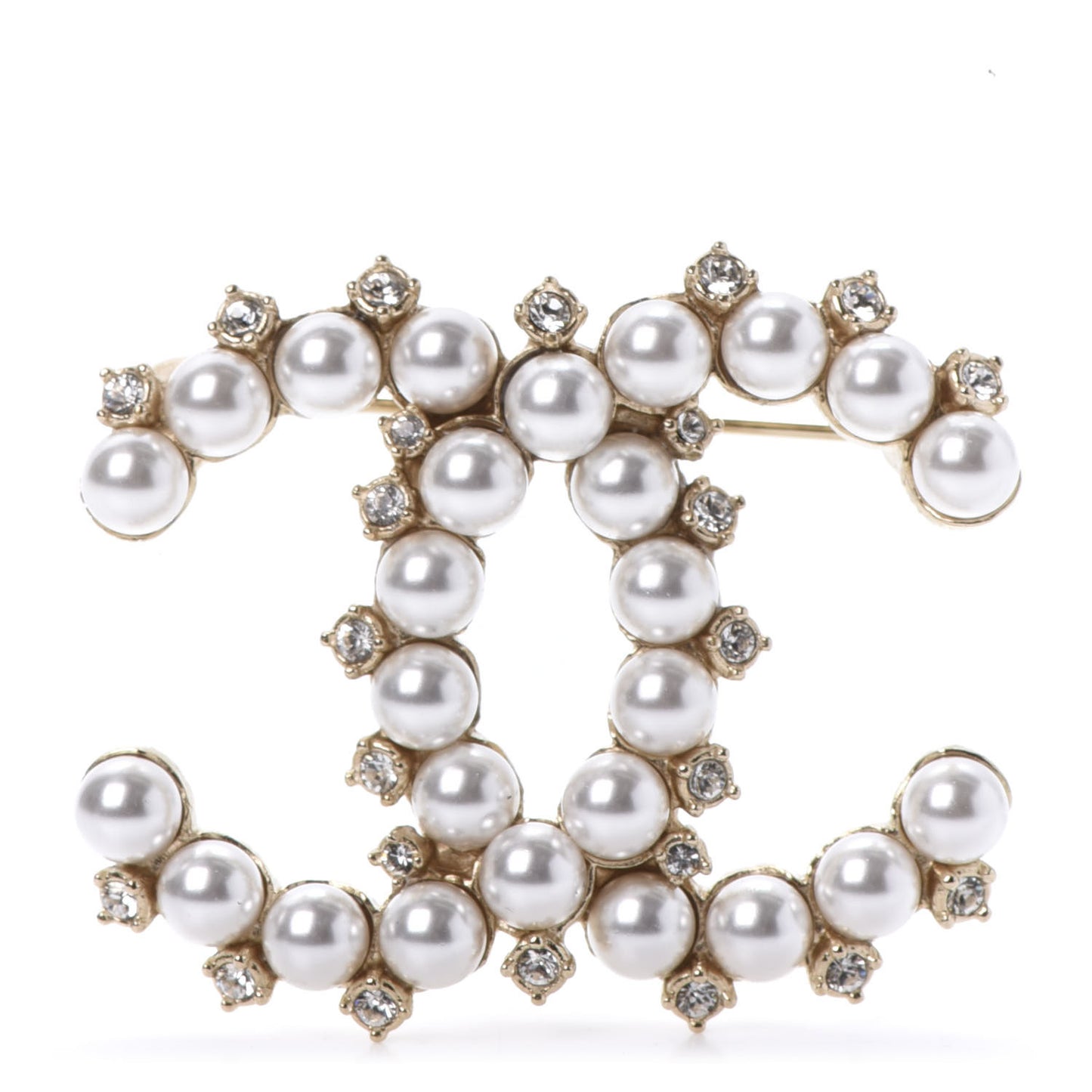 Pearl Crystal CC Brooch Gold