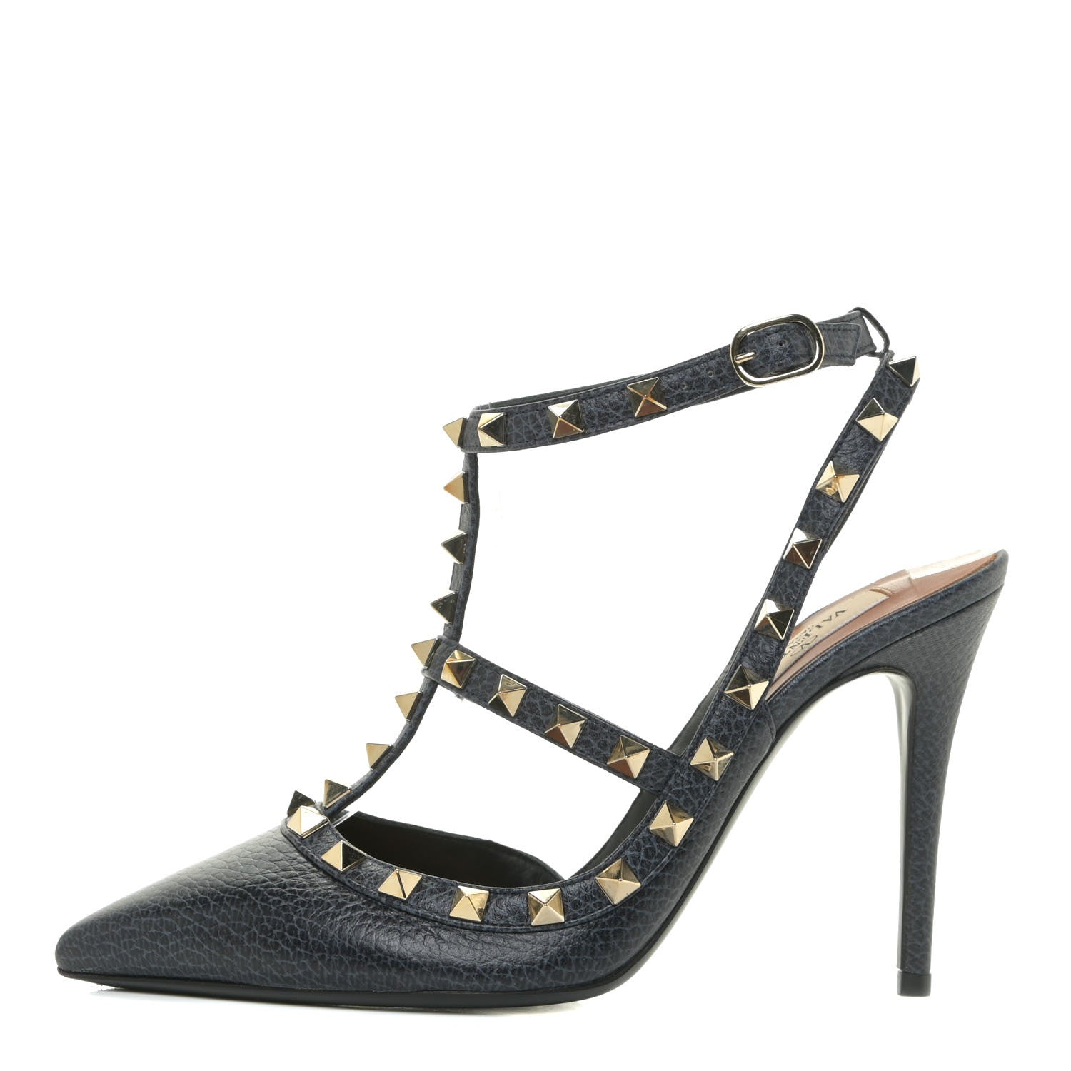 Valentino Garavani Pebbled Calfskin Rockstud Ankle Strap 100mm Pumps 36.5 Deep Denim 1 of 14