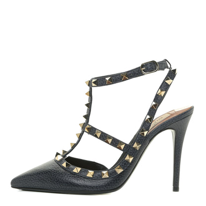 Valentino Garavani Pebbled Calfskin Rockstud Ankle Strap 100mm Pumps 36.5 Deep Denim 1 of 14