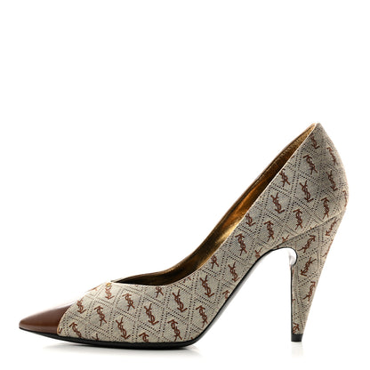 Saint Laurent Silk Blend Monogram Lola Cap Toe Pumps 37.5 Beige 1 of 9