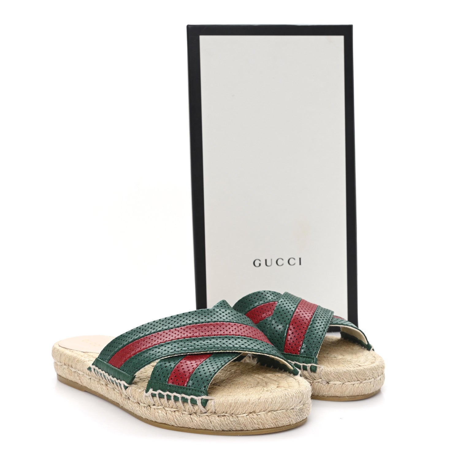 Gucci Malaga Kid Perforated Criss Cross Espadrille Slide Sandals 38.5 Emerald Hibiscus Red 10 of 10