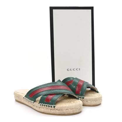 Gucci Malaga Kid Perforated Criss Cross Espadrille Slide Sandals 38.5 Emerald Hibiscus Red 10 of 10