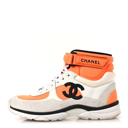Chanel Suede Calfskin Lambskin Neoprene High Top CC Sneakers 39 White Fluo Orange 1 of 13