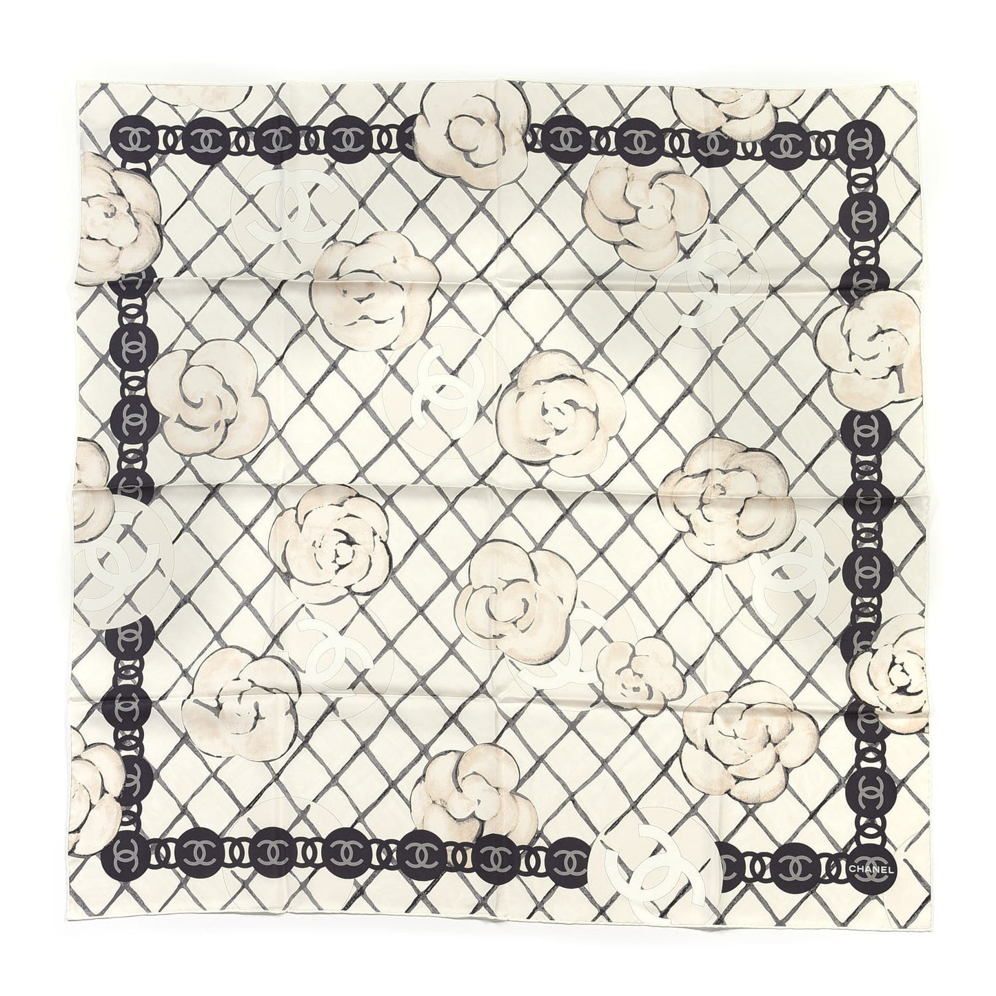 Silk CC Logo Camellia Scarf White Black