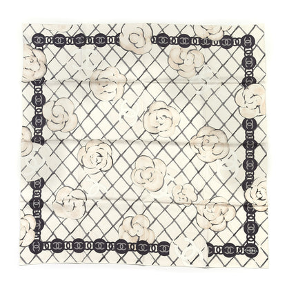 Chanel Silk CC Logo Camellia Scarf White Black 1 of 3