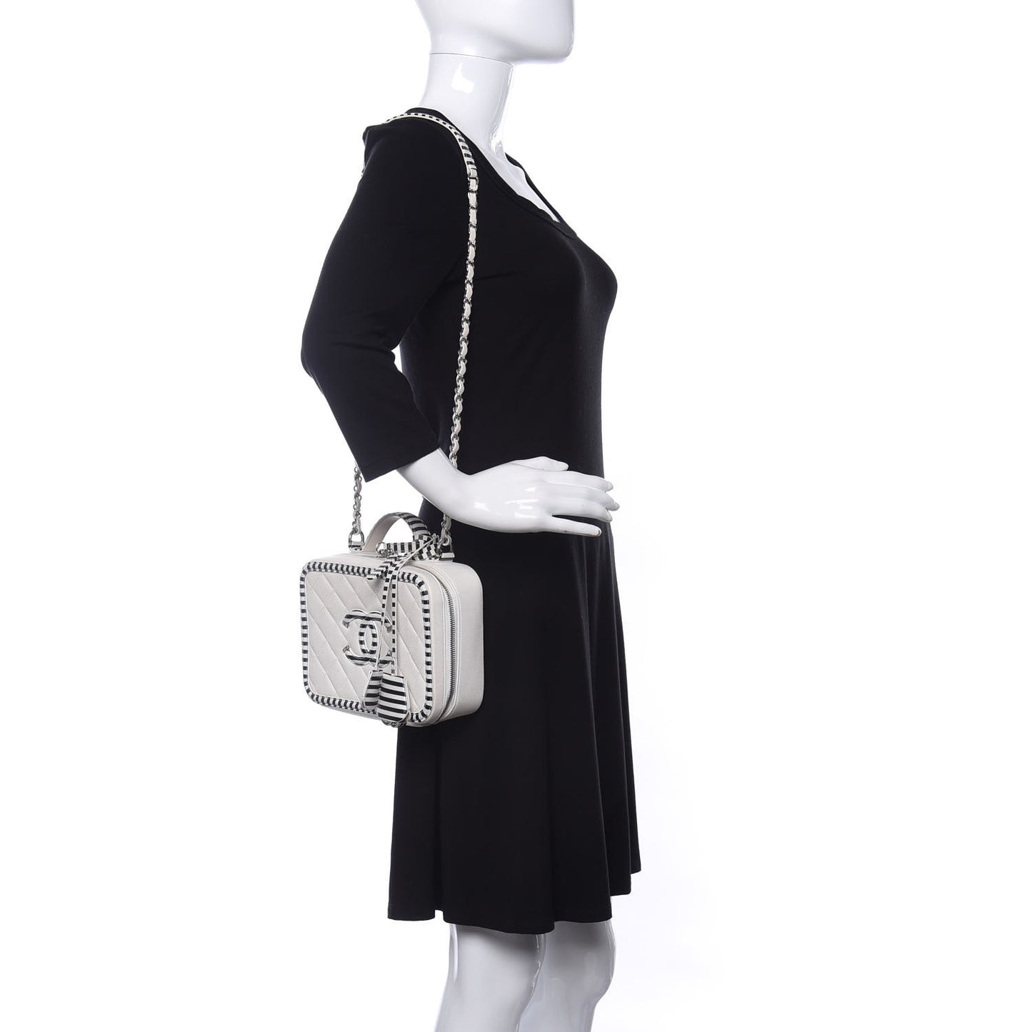 Caviar Quilted Striped Medium CC Filigree Vanity Case White Black