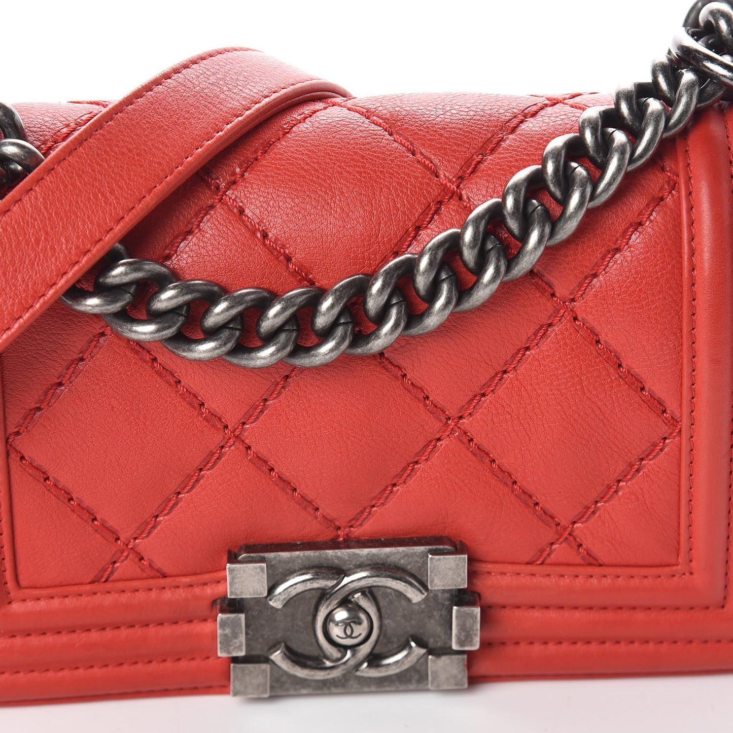 Calfskin Double Stitch Small Boy Flap Red