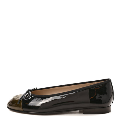 Chanel Patent CC Cap Toe Ballerina Flats 36 Black Kaki Clair 1 of 9