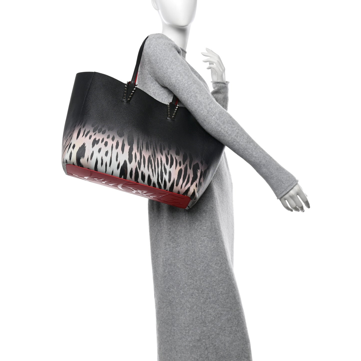 Calfskin Degrade Leopard Print Spikes East West Cabata Tote Black Pink Multi