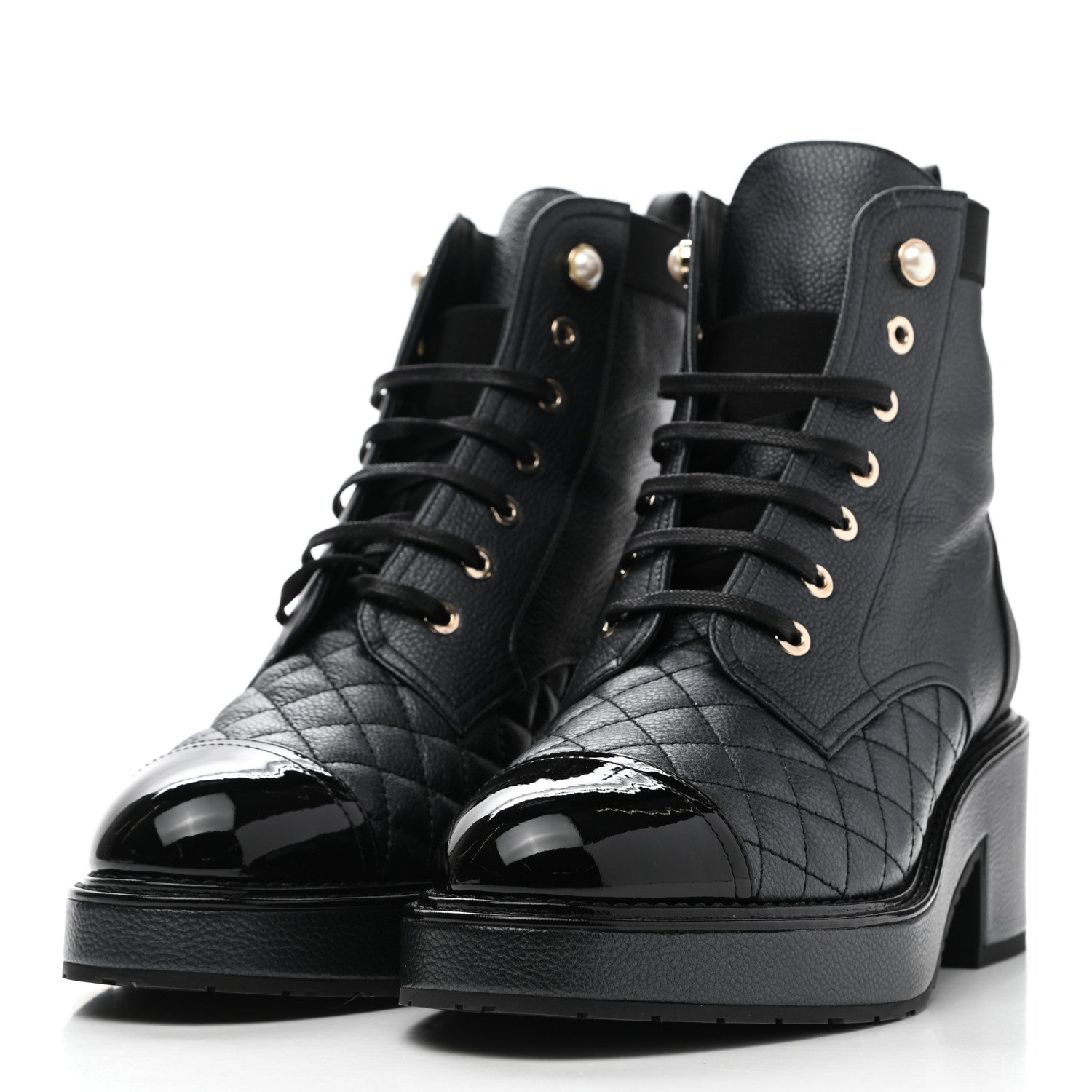 Chanel Pearly Calfskin Patent Calfskin Lace Up Combat Boots 40 Black 3 of 9