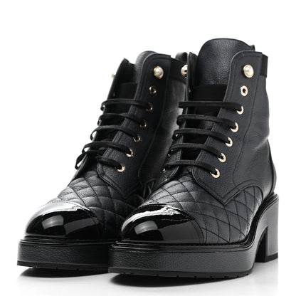 Chanel Pearly Calfskin Patent Calfskin Lace Up Combat Boots 40 Black 3 of 9
