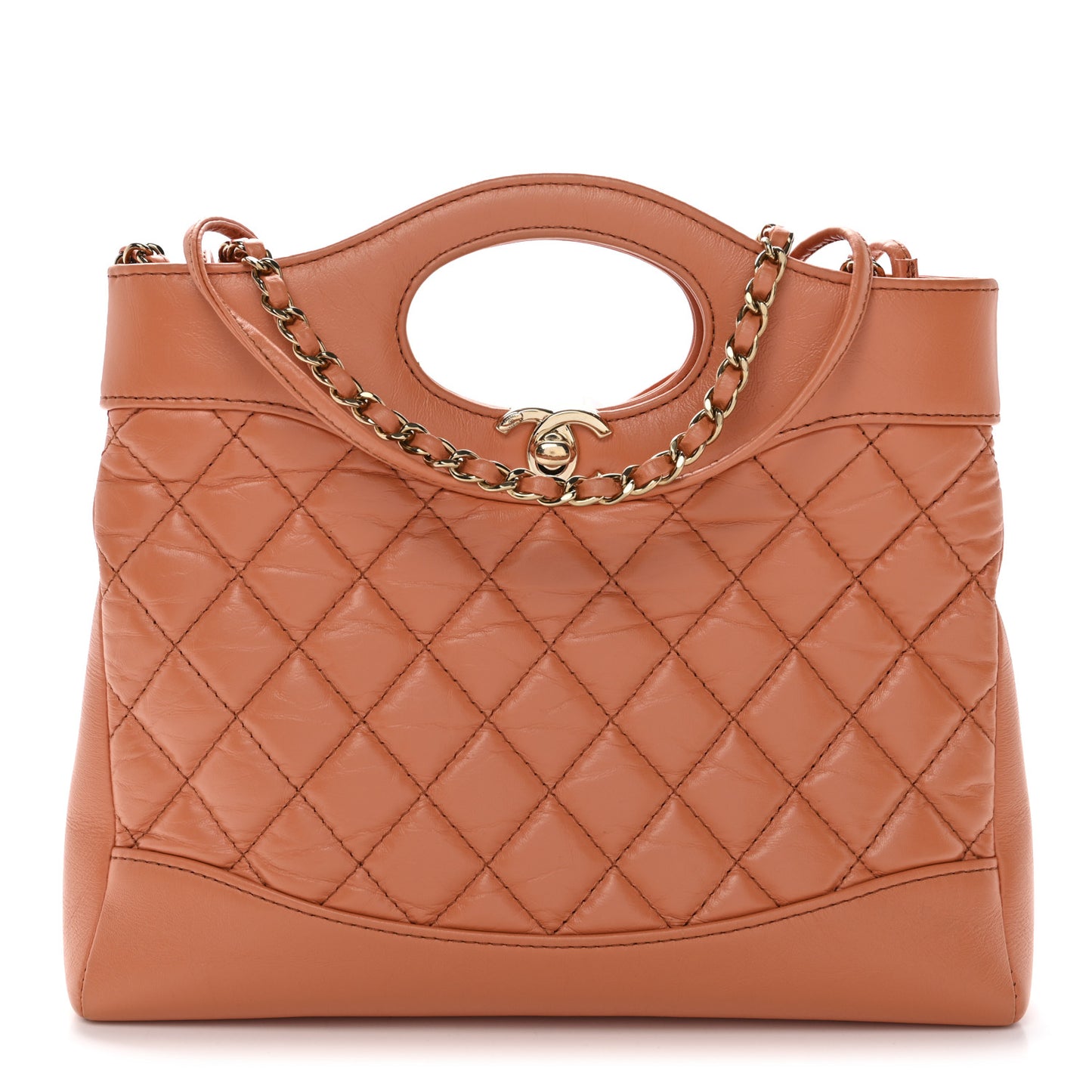 Shiny Crumpled Calfskin Quilted Mini 31 Shopping Bag Orange