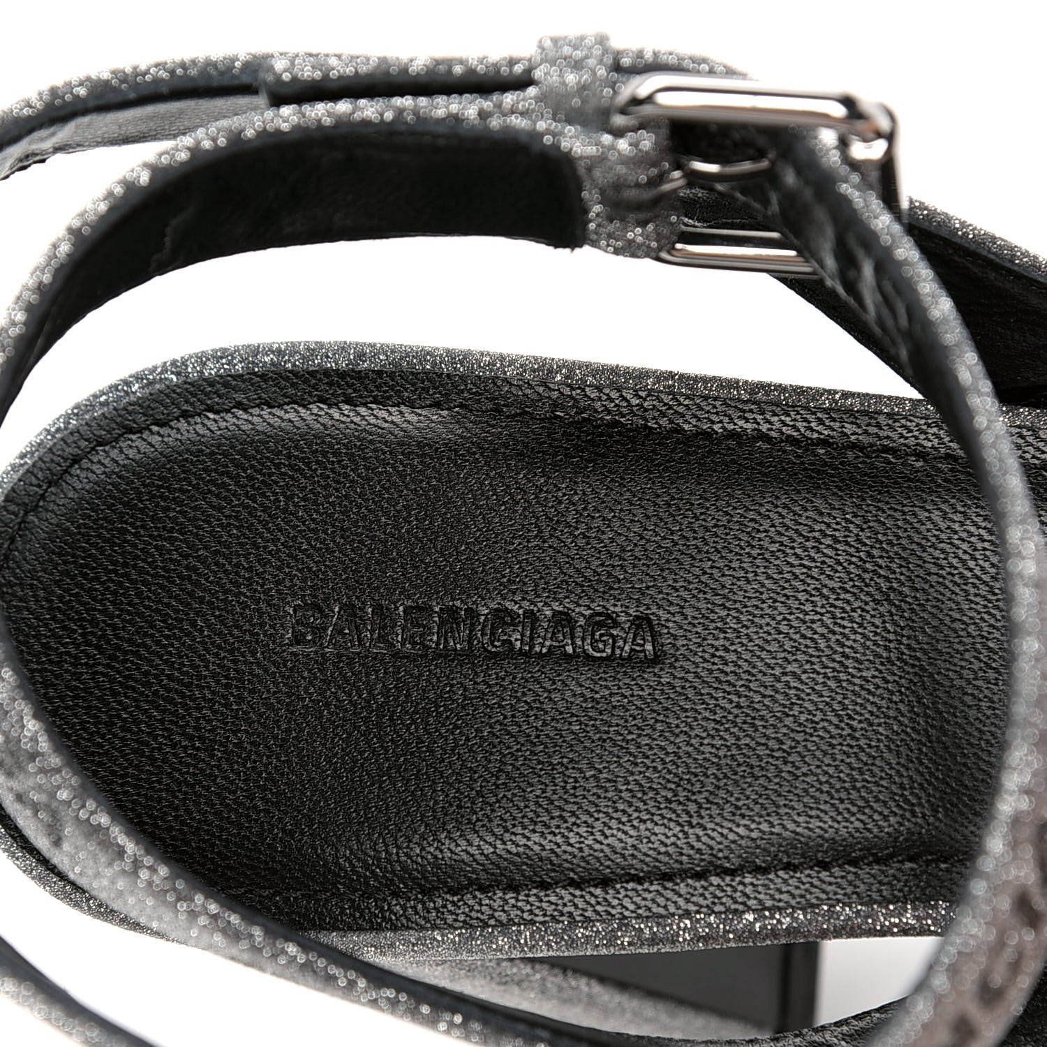 Balenciaga Glitter Allover Logo Ankle Strap Round Heel 80mm Sandals 37.5 Silver Black 6 of 6