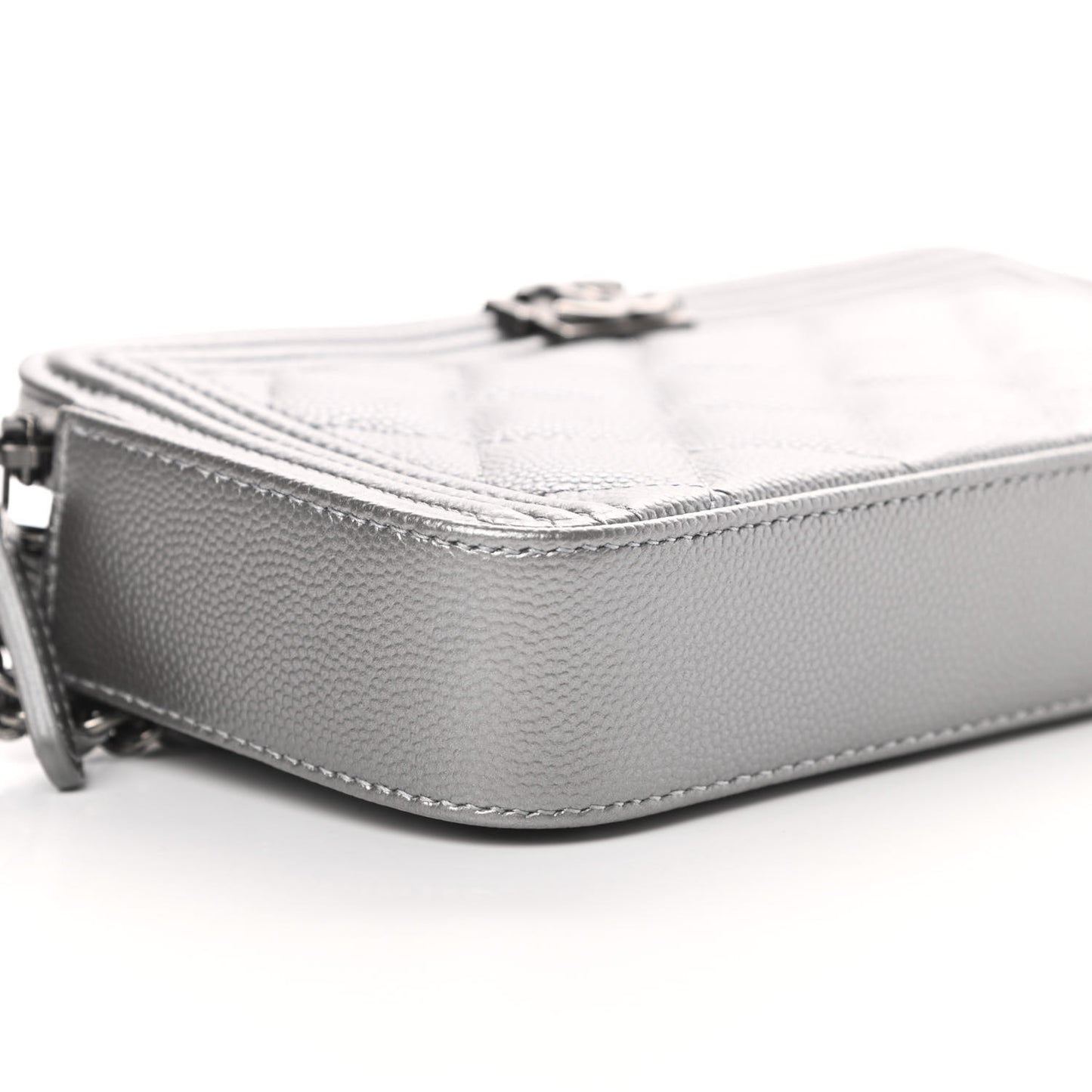 Metallic Caviar Quilted Small Boy Clutch With Chain Silver