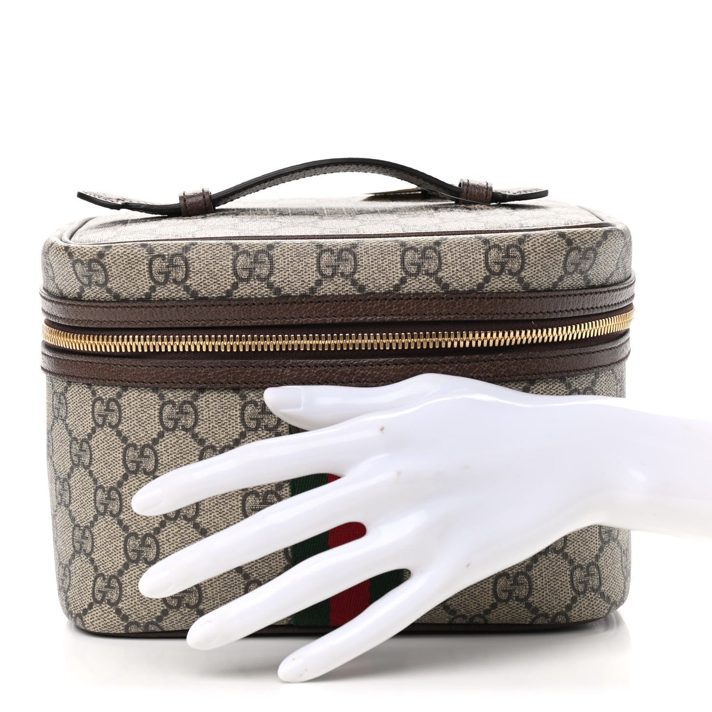 GG Supreme Monogram Textured Calfskin Web Small Ophidia Vanity Cosmetic Case Beige Ebony New Acero
