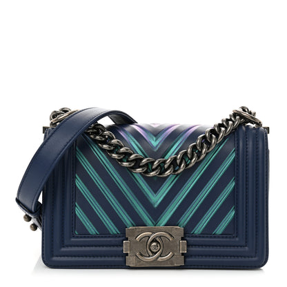 Chanel Calfskin Painted Chevron Embossed Small Boy Flap Dark Blue 1 of 11