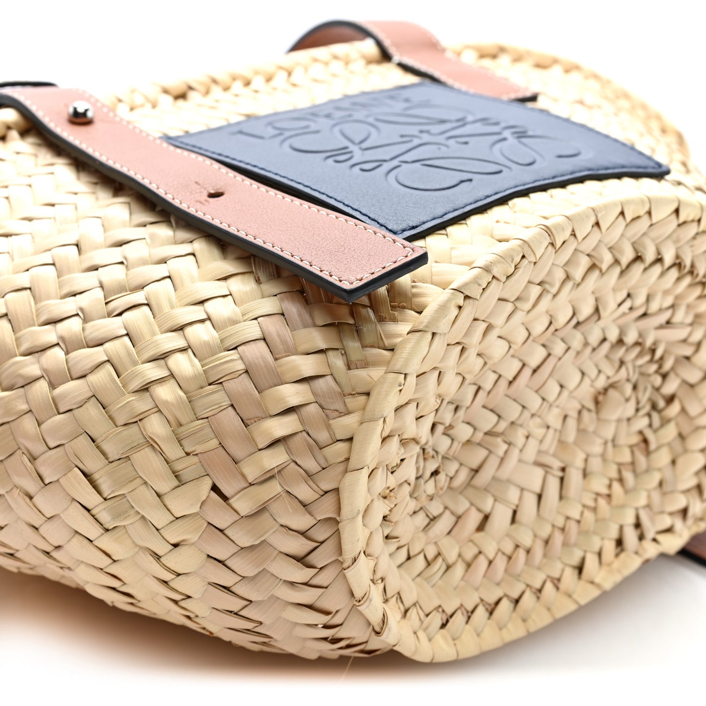 Raffia Small Basket Tote Bag Natural Tan Navy