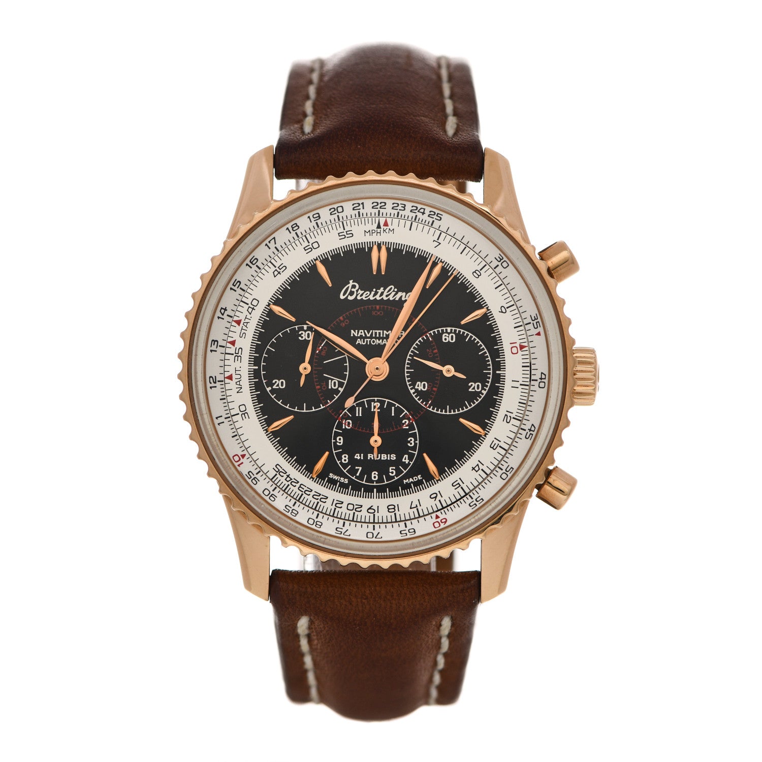 Breitling 18K Rose Gold Calfskin 38mm Navitimer Montbrillant Chronograph Automatic Watch Black H30030.1 1 of 5