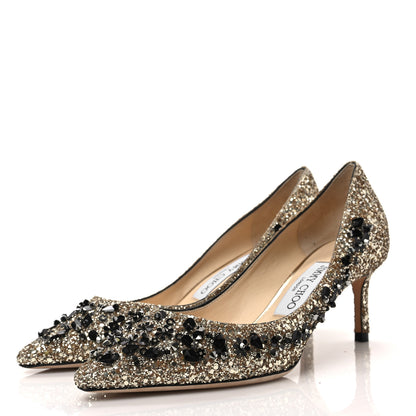 Jimmy Choo Glitter Embellished Romy 40 Pointy Toe Pumps 36 Black Gold 3 of 7