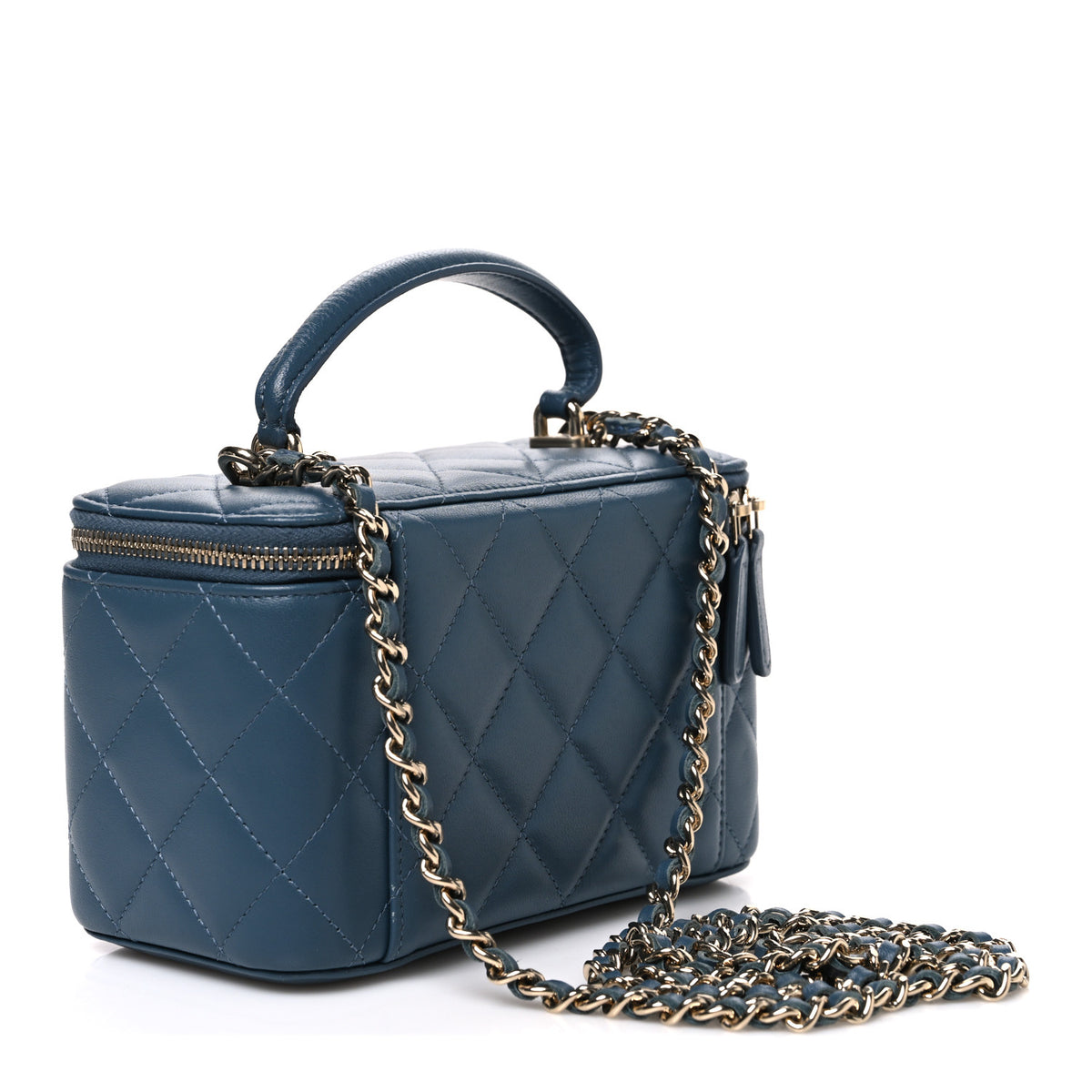 Lambskin Quilted Small Top Handle Vanity Case With Chain Blue