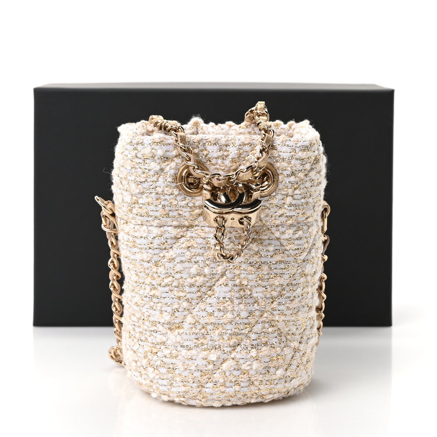 Tweed Mini Bucket Drawstring Bag White Gold