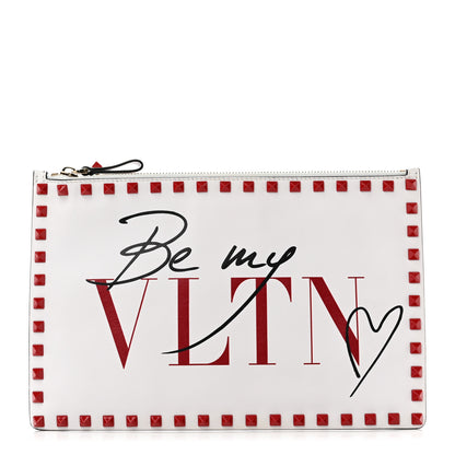 Valentino Garavani Rockstud Calfskin Be My VLTN Large Flat Zip Pouch White 1 of 6