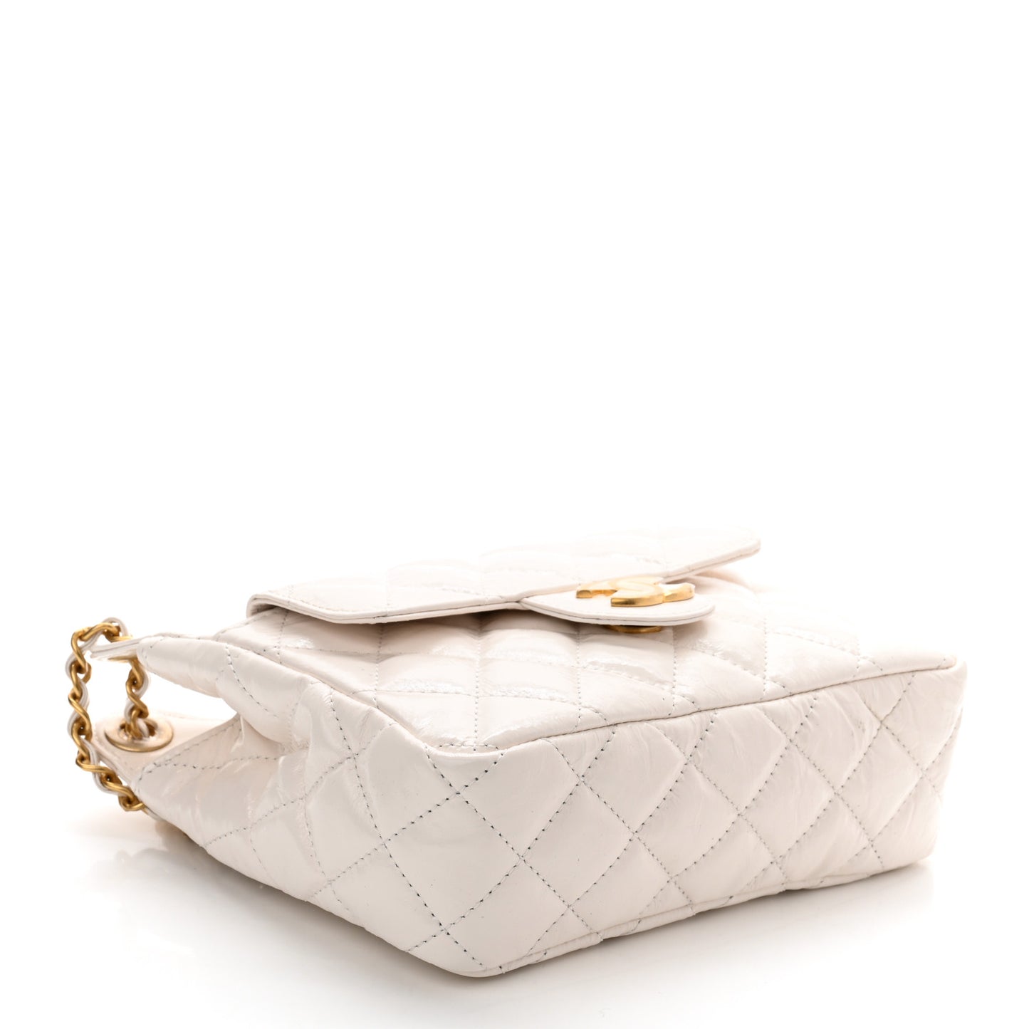 Shiny Crumpled Calfskin Quilted Small Wavy CC Hobo White