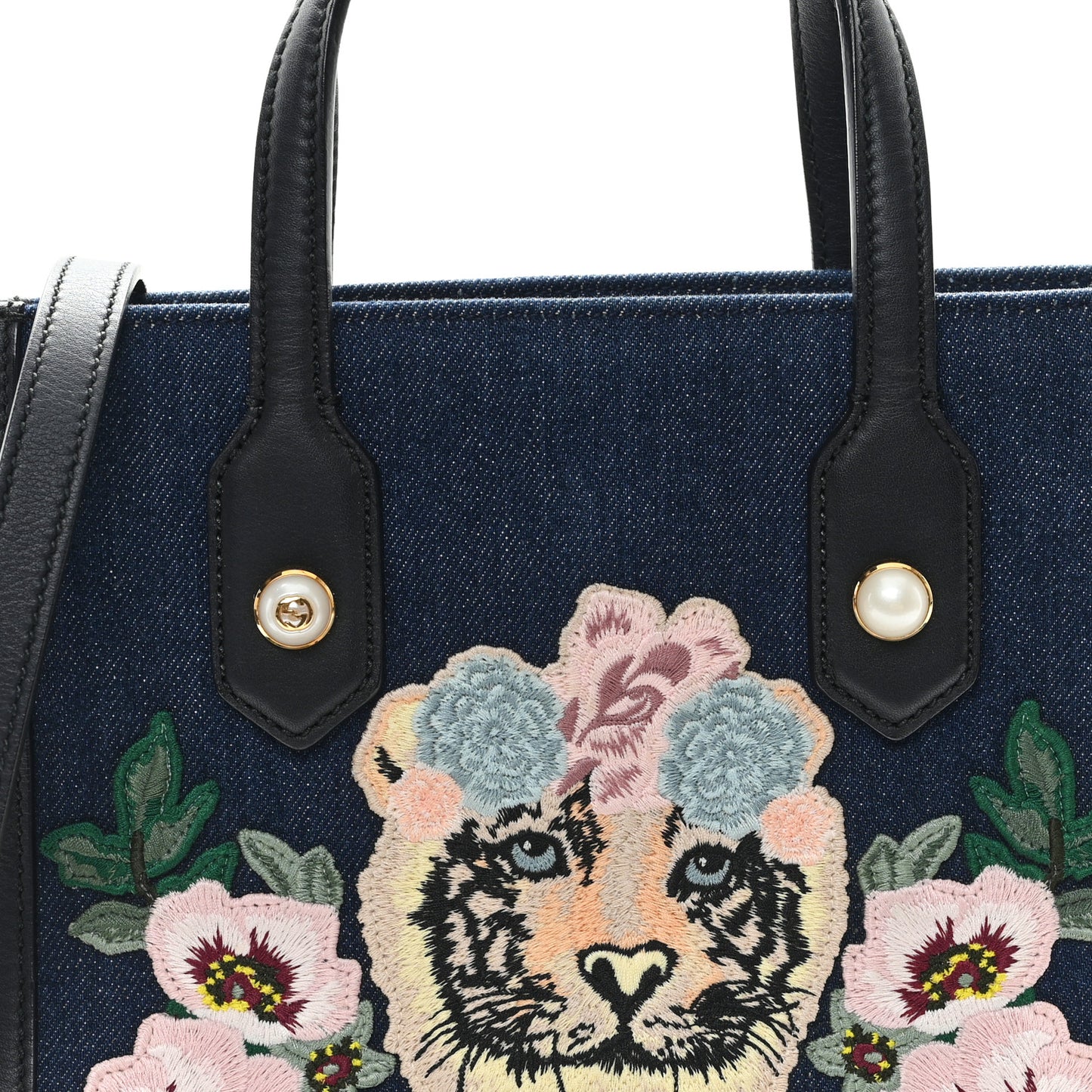 Denim Embroidered Tiger Tote Blue Multicolor