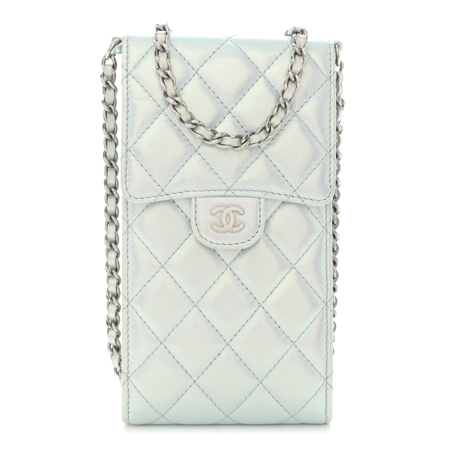 Iridescent Lambskin Quilted CC Phone Holder Blue