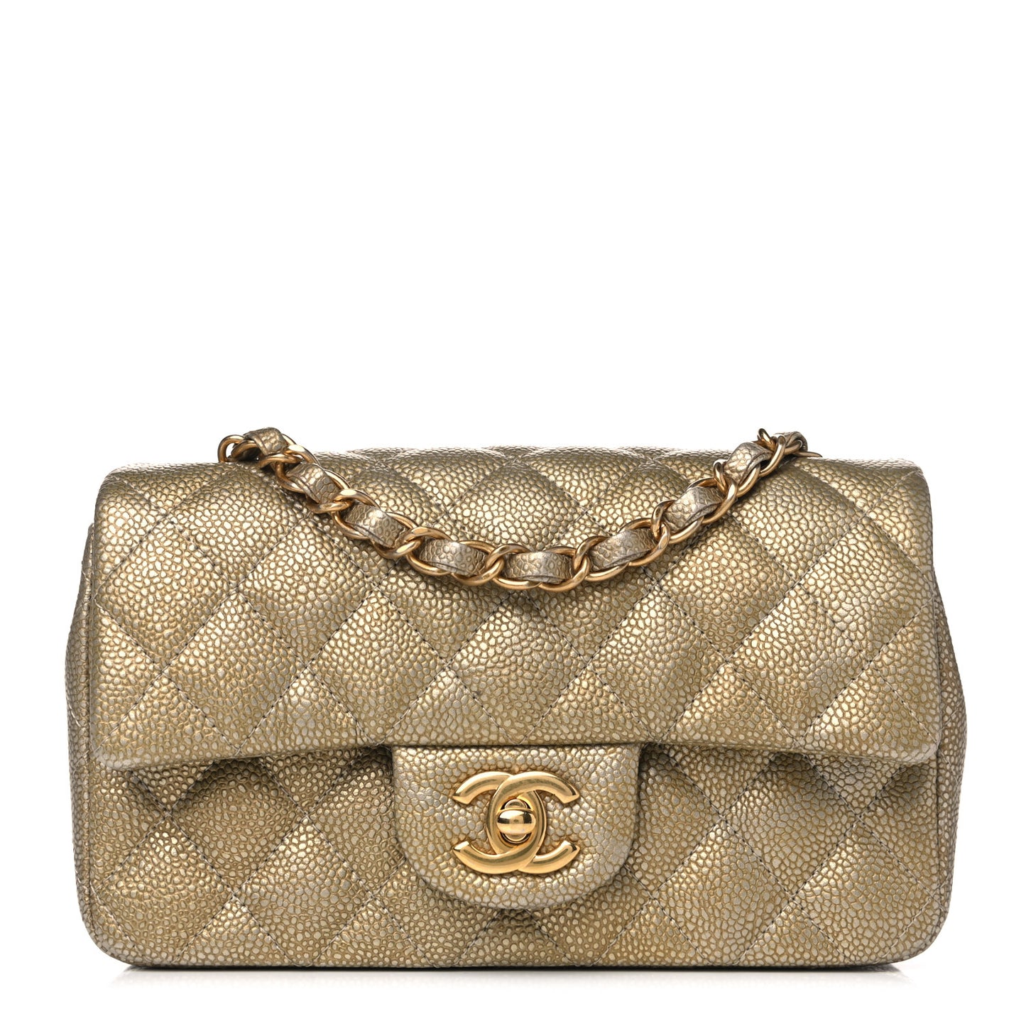 Metallic Caviar Quilted Mini Rectangular Flap Gold