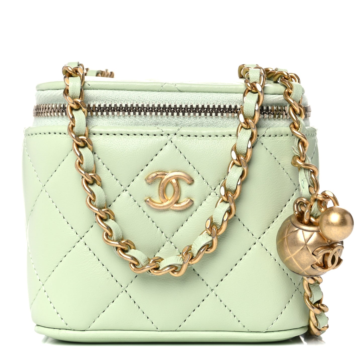 Lambskin Quilted Pearl Crush Mini Vanity Case With Chain Light Green