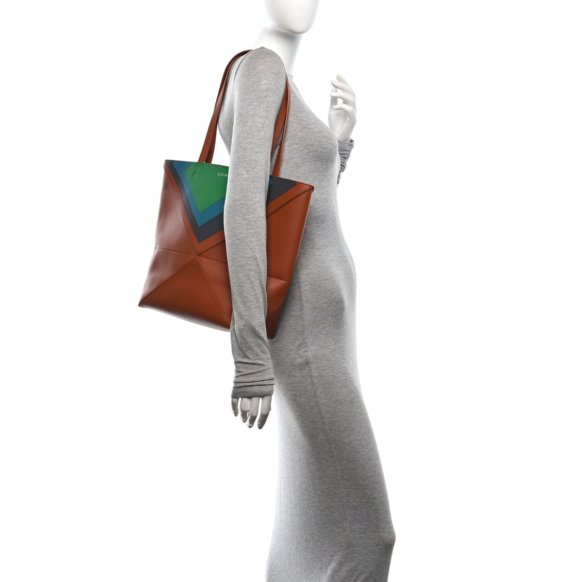 x Albers Calfskin Medium Puzzle Fold Tote Caramel Bright Green