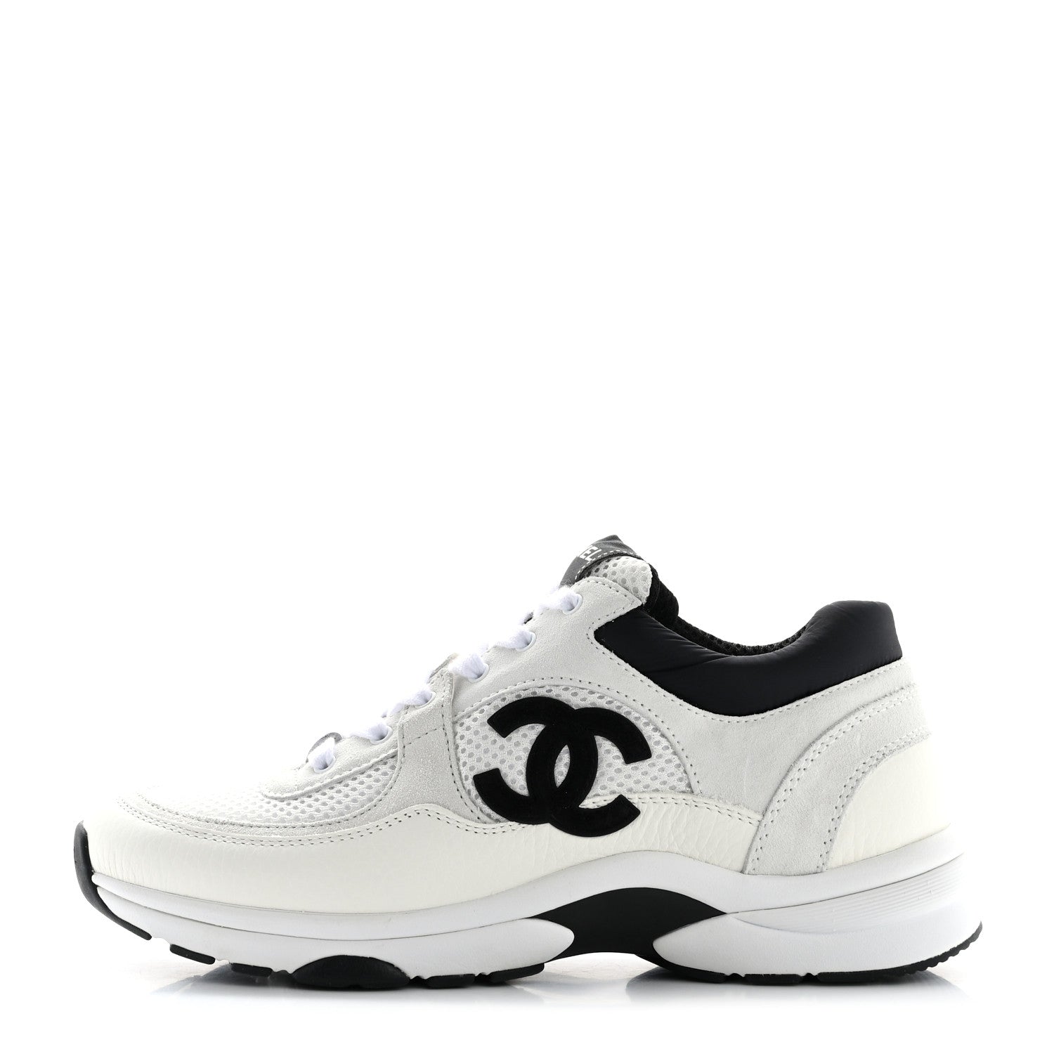 Chanel Mesh Suede Calfskin Grained Calfskin Womens CC Sneakers 39 White Black 1 of 9