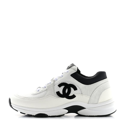 Chanel Mesh Suede Calfskin Grained Calfskin Womens CC Sneakers 39 White Black 1 of 9