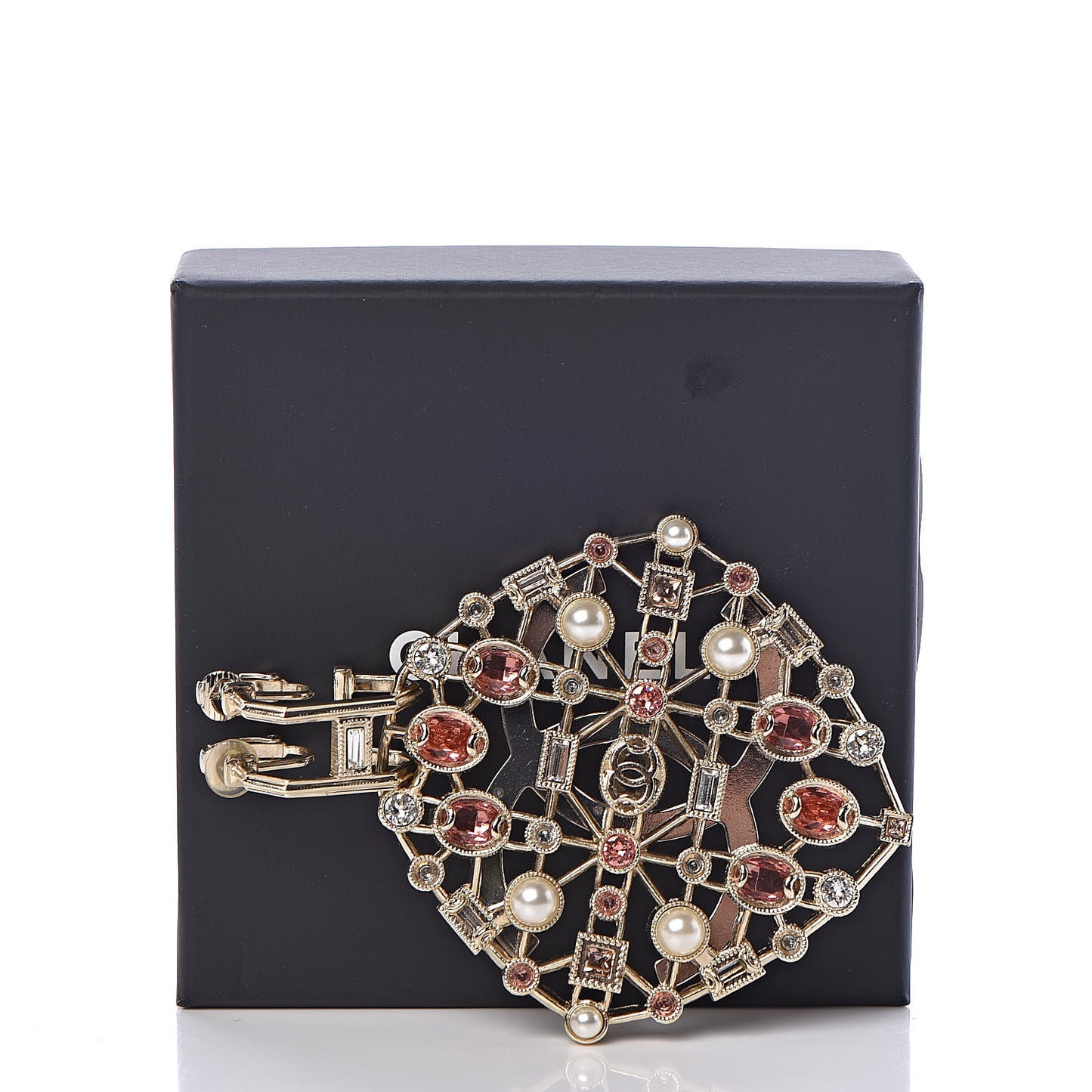 Pearl Baguette Crystal CC Brooch Gold