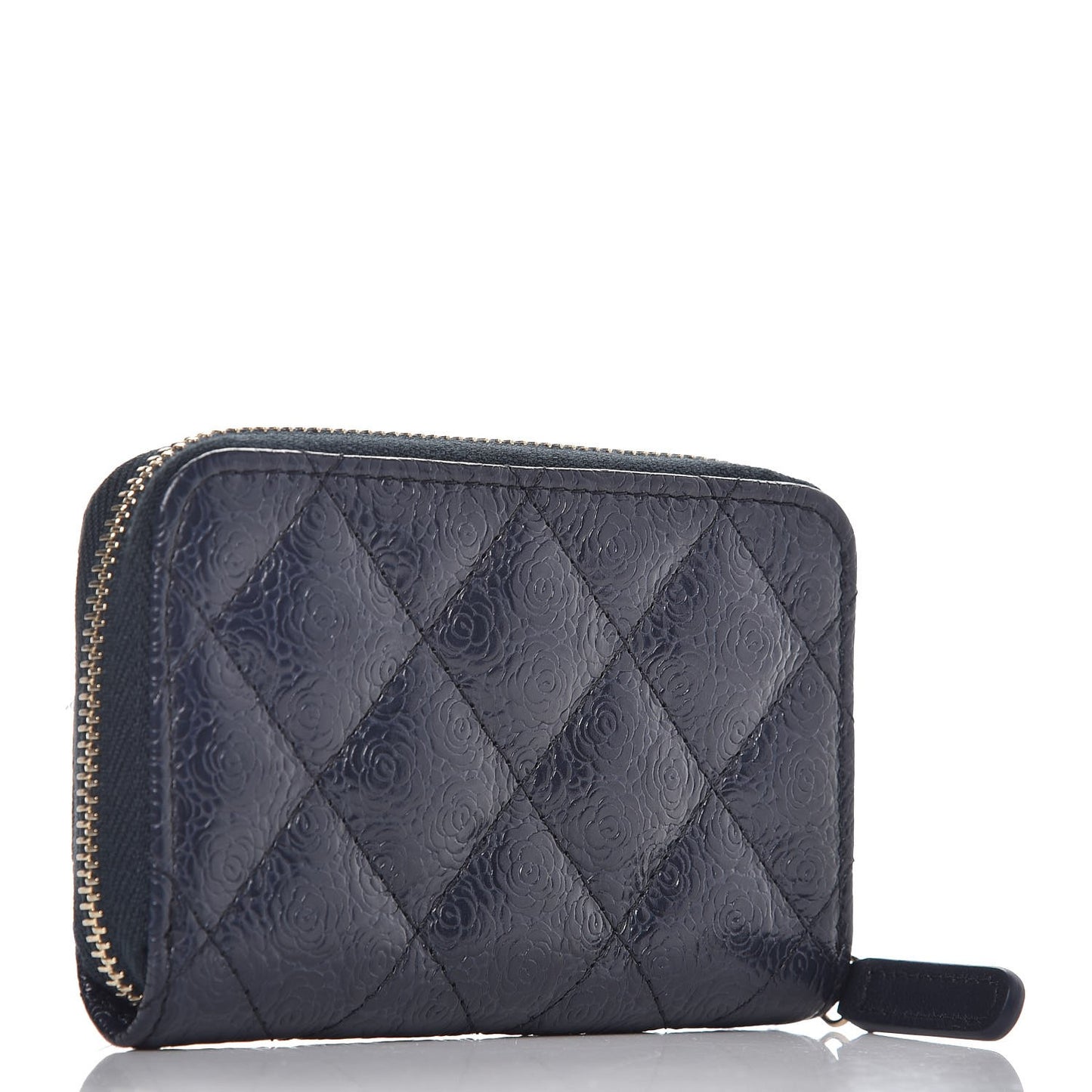 Calfskin Camellia Embossed Zip Coin Purse Navy