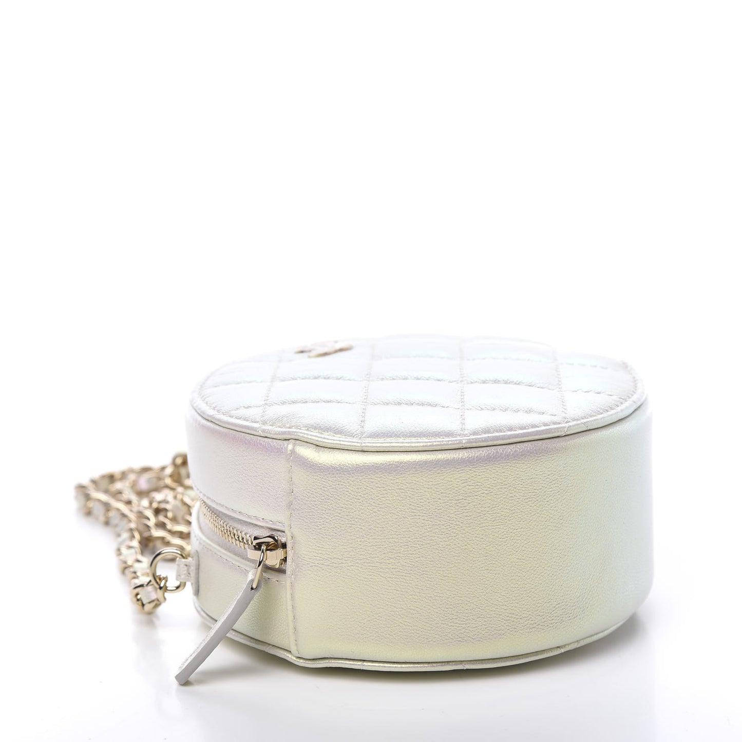 Iridescent Lambskin Quilted Round Clutch With Chain Ivory