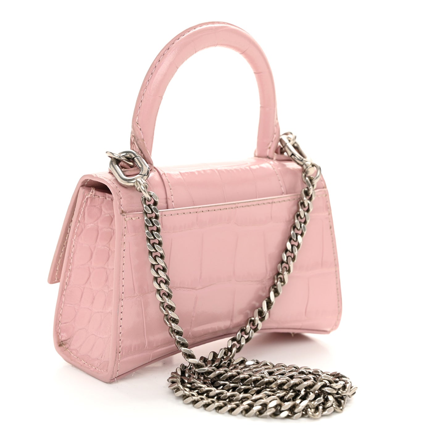 Shiny Calfskin Crocodile Embossed Hourglass Top Handle Bag Mini with Chain Powder Pink