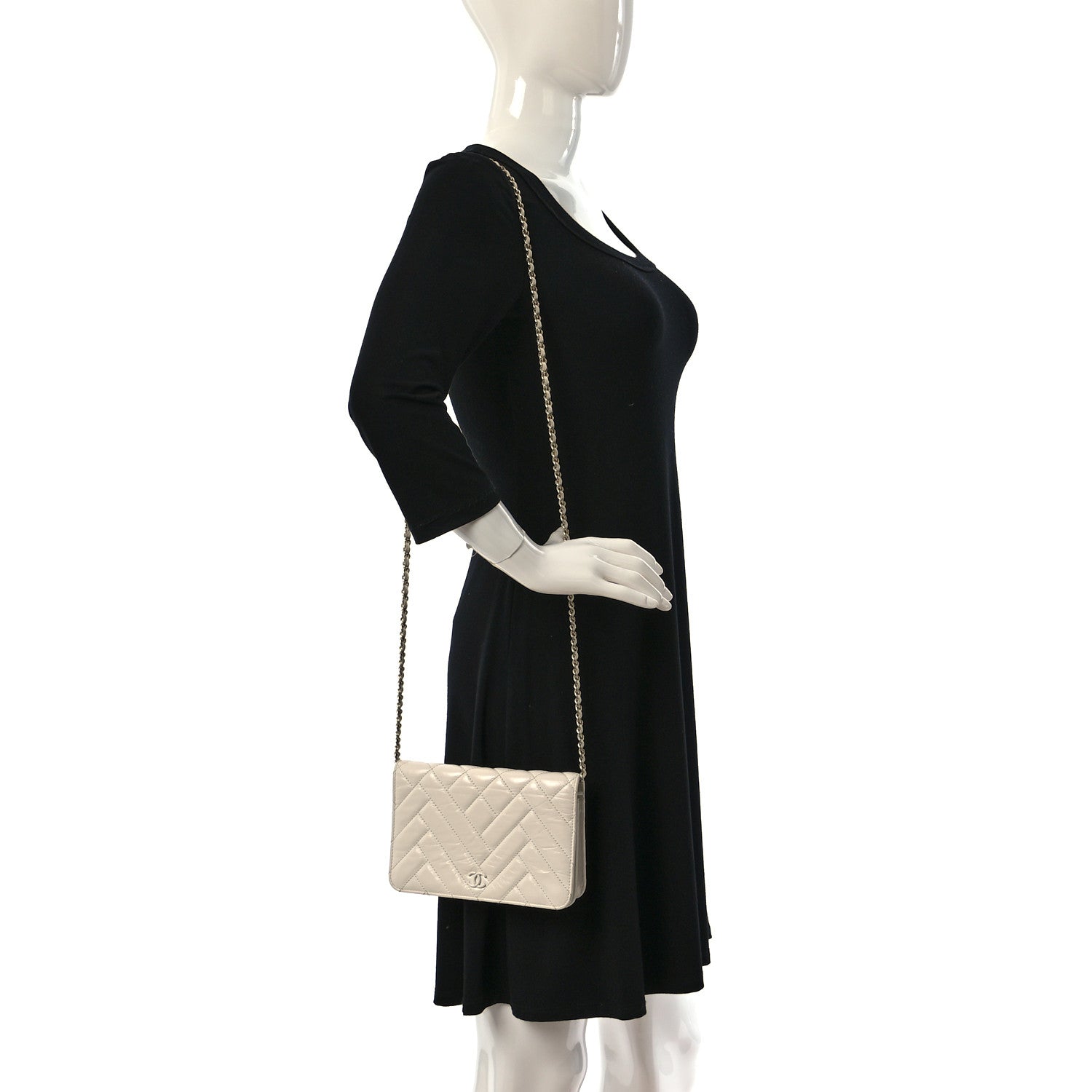 Chanel Aged Calfskin Chevron Wallet On Chain WOC White 2 of 15