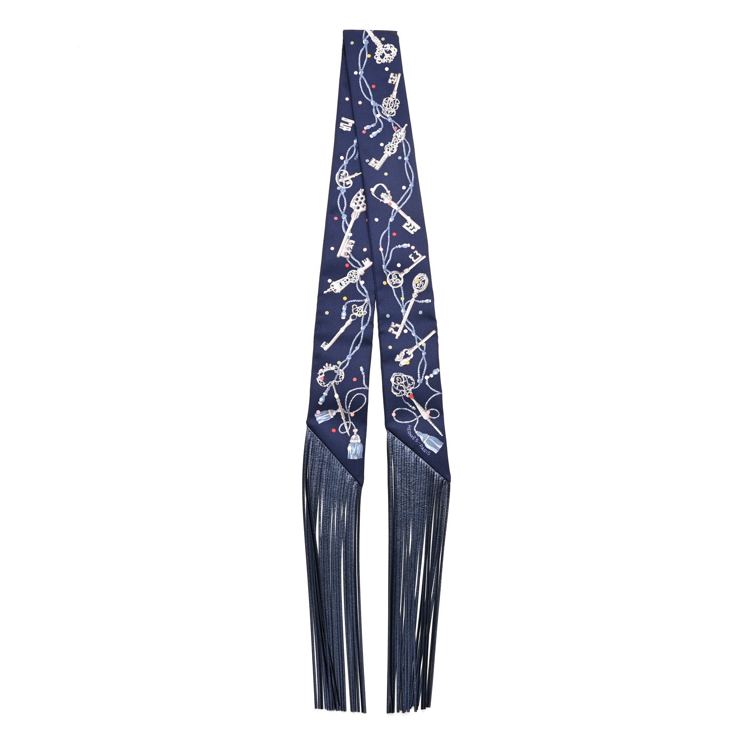 Hermes Silk Metallic Agneau Les Cles A Pois Fringed Twilly Bleu Marine Gris Argent Multicolor 2 of 4