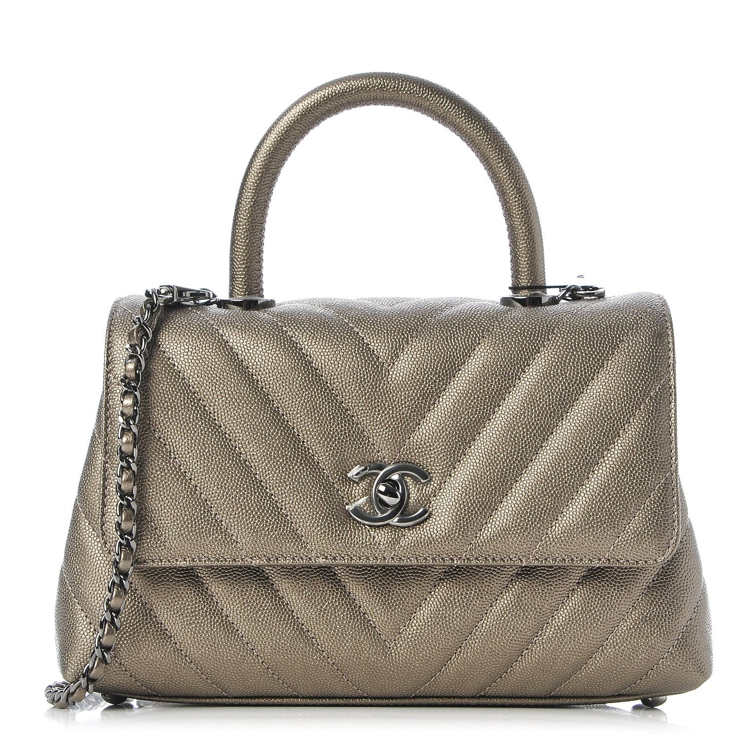 Metallic Caviar Chevron Quilted Mini Coco Handle Flap Light Gold